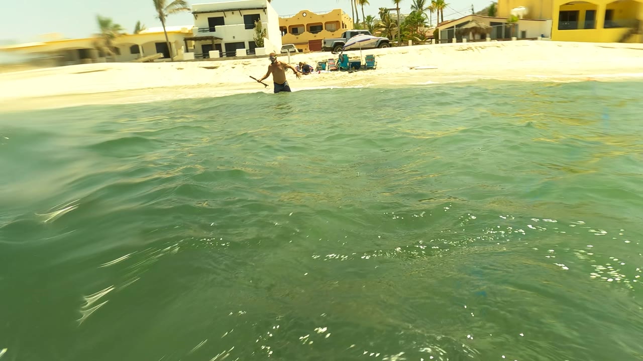 Waterline view in San Jose Del Cabo, Baja California Sur, showing green ocean water in the foreground, sandy beach, beachfront houses, palm trees, and a distant person near shore.