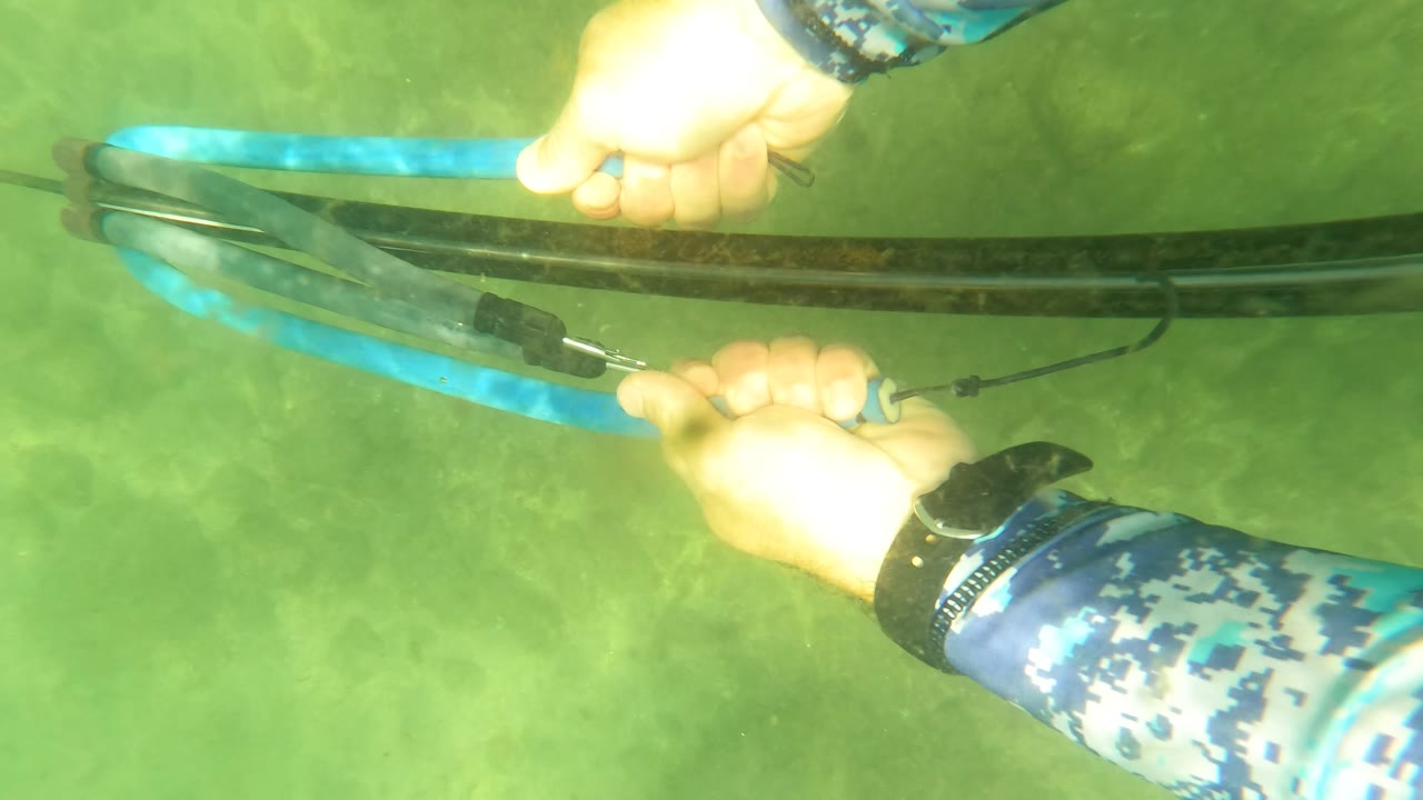 Close underwater view in San Jose Del Cabo of diver hands steadying blue and black speargun bands against green water and a soft seabed background.