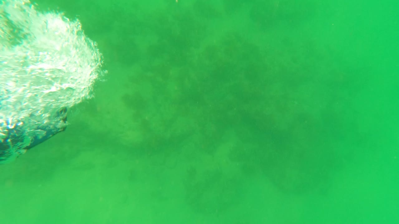 San Jose Del Cabo underwater frame with a bright splash plume and bubbles near the upper right over green water and a faint seabed, no visible people.