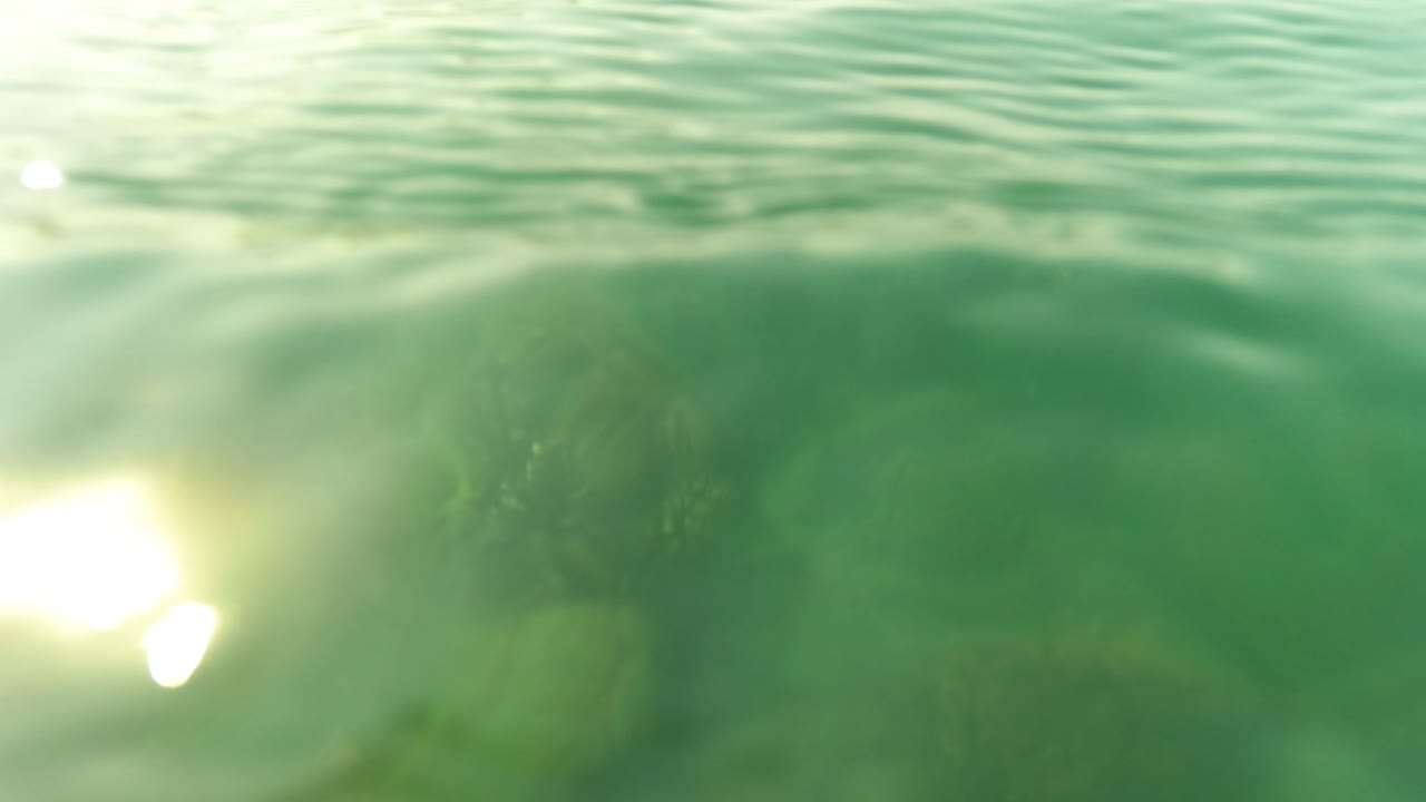 A low underwater angle shows the wavy surface across the upper frame and blurred reef texture below in San Jose Del Cabo, with no visible people.