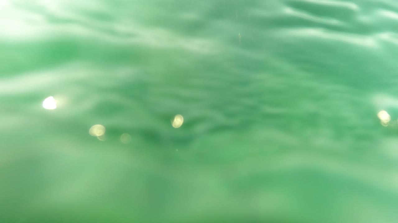 A closer look toward the rippled water surface in San Jose Del Cabo, with bright reflections over green underwater haze and no visible people.