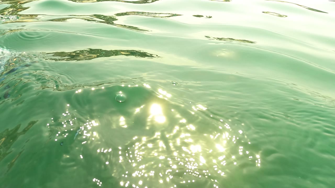 Close water-surface view in San Jose del Cabo with small ripples, bright sun glitter, and pale green reflections, no visible people.
