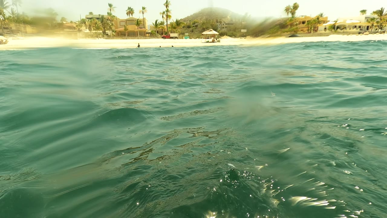 A larger green wave rises near the lens in San Jose del Cabo, with the sandy shore, palm-lined coastal buildings, distant hills, bright sky, and no visible people behind it.