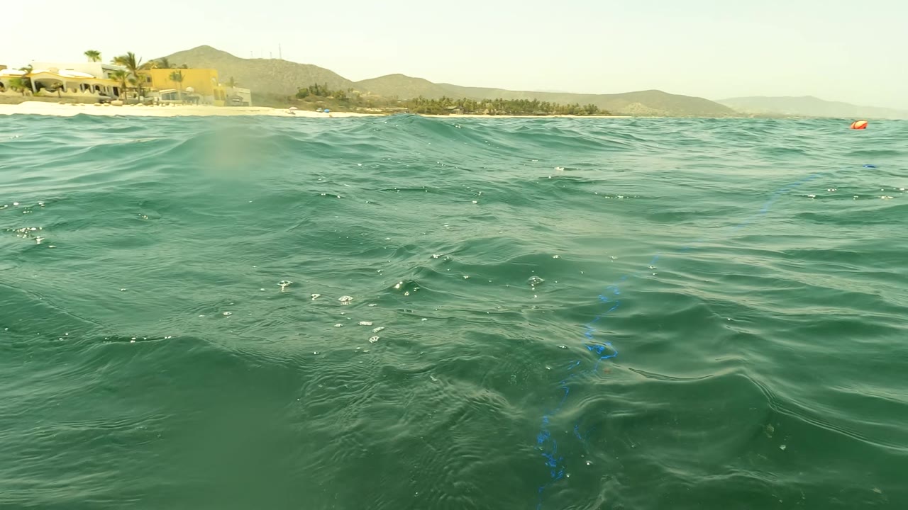 Sunlit ocean water fills most of the frame in San Jose del Cabo, with white sand, yellow-toned coastal buildings, palm trees, mountain slopes, and no visible people along the background.