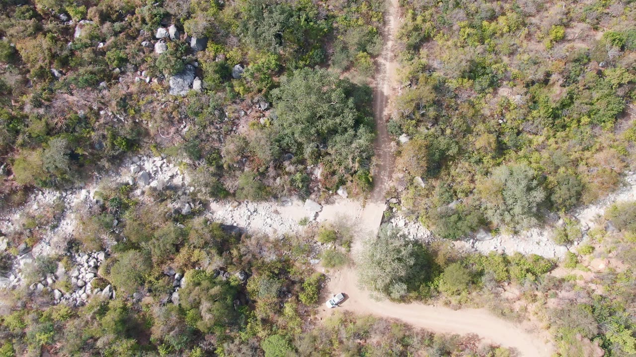 Overhead frame from San Dionisio, Baja California Sur, with the white vehicle slightly advanced along the winding dirt track near shrubs, exposed stones, and dry vegetation with no visible people.
