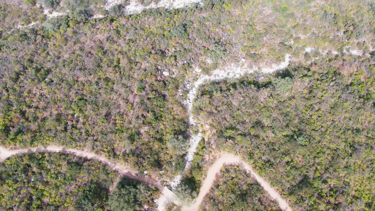 Overhead scrubland with a pale road curving across the frame