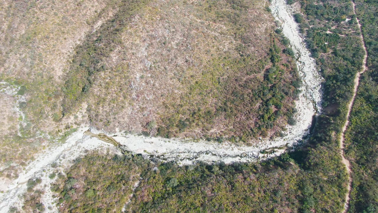 Fourth aerial frame from San Dionisio, Baja California Sur, where the stream bend separates dry grass from denser green vegetation, with no visible people.