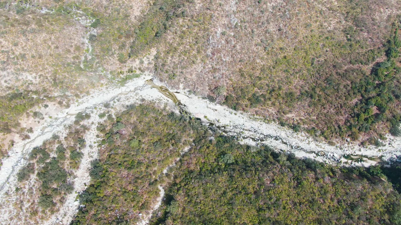 Overhead aerial frame in San Dionisio, Baja California Sur showing a pale streambed crossing dry grass and green vegetation, with no visible people.