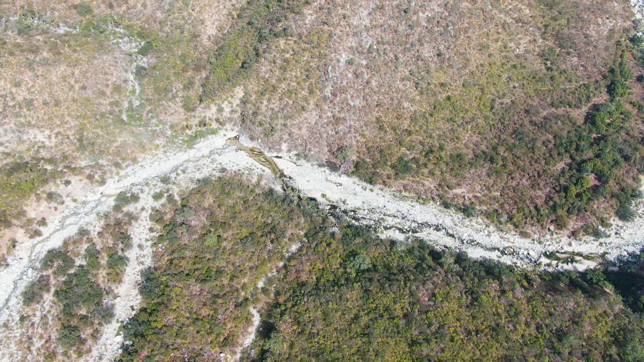 Aerial frame in San Dionisio, Baja California Sur with the pale stream channel curving past denser green brush and lighter dry ground, with no visible people.