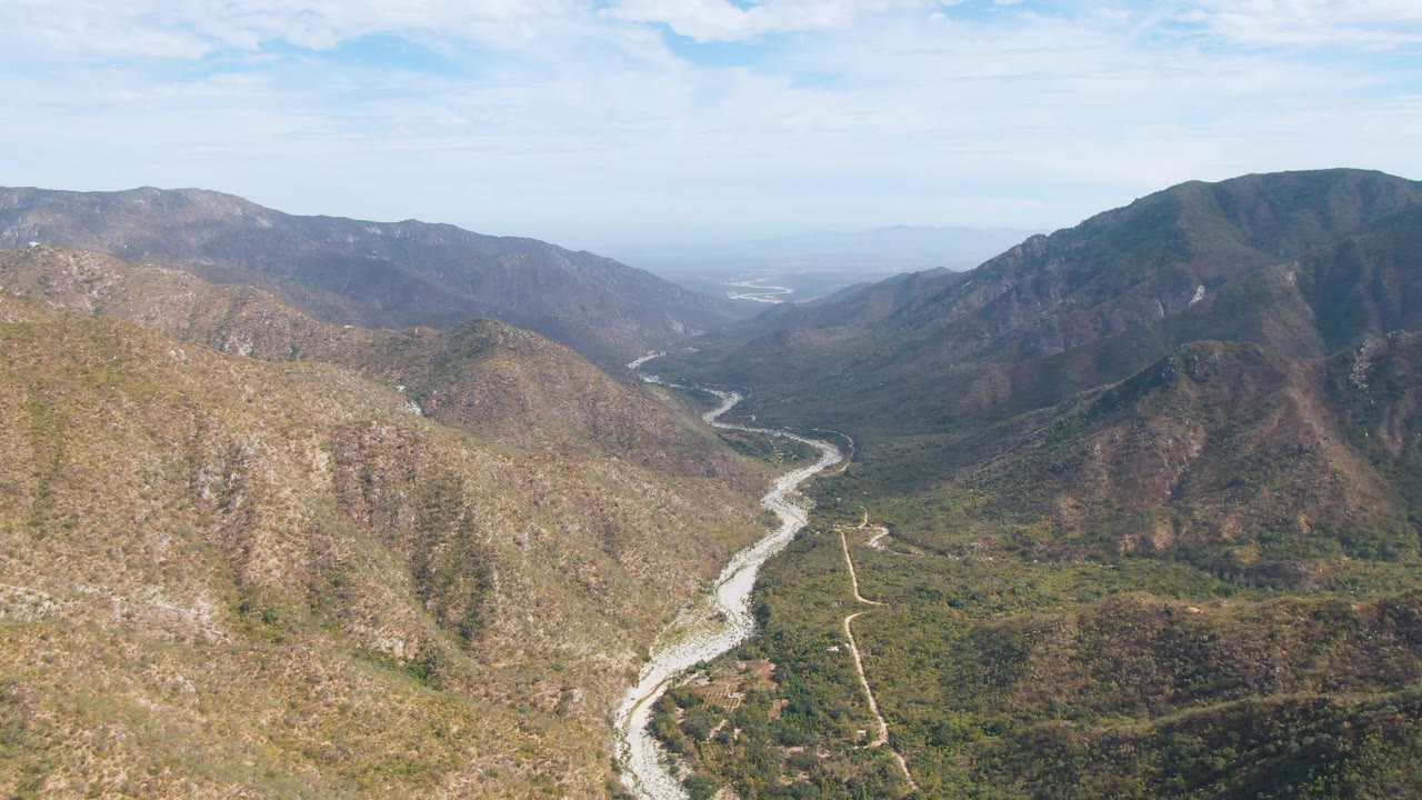 Opening aerial view over San Dionisio, Baja California Sur, with a pale winding river crossing a green valley between dry brown mountain slopes and no visible people.