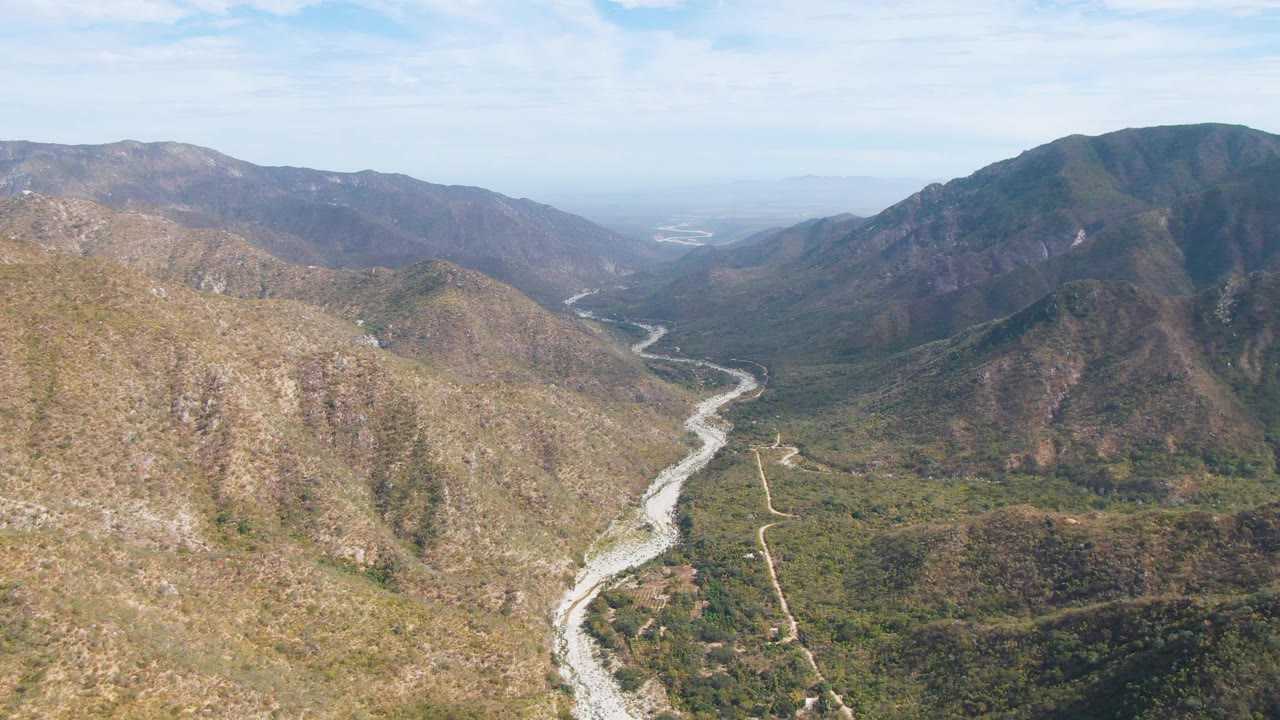 San Dionisio aerial view with the winding river centered between layered mountain slopes, green vegetation along the valley floor, distant flat land on the horizon, and no visible people.