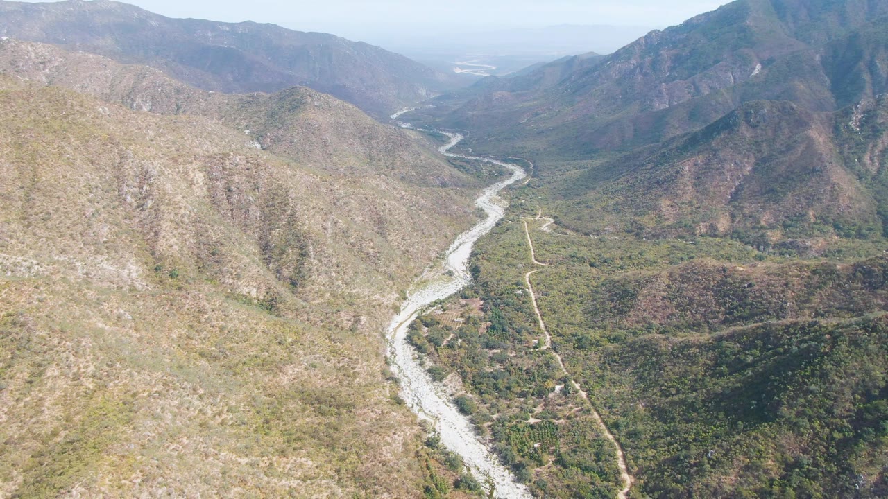 High aerial view over San Dionisio, Baja California Sur, showing a pale winding river through green and brown valley vegetation, dry rocky hills, a narrow parallel road, and no visible people.