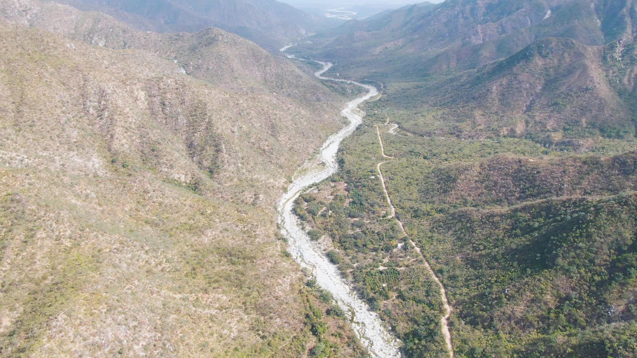 Aerial view of a winding river through a dry mountain valley.