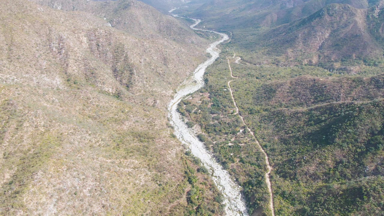 Aerial view of a winding river and dirt road in a mountain valley