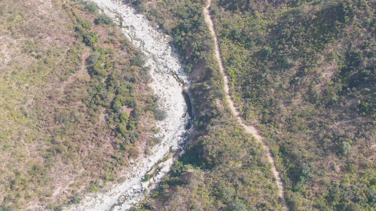 High aerial frame from San Dionisio, Baja California Sur, showing dry brown slopes, scattered green vegetation, the edge of a pale streambed, and a narrow path, with no visible people.