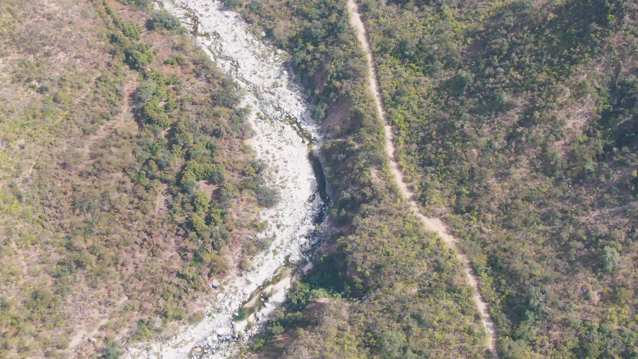 Aerial frame over San Dionisio, Baja California Sur, where the pale rocky wash bends through mixed green and brown vegetation with the dirt path visible nearby, with no visible people.