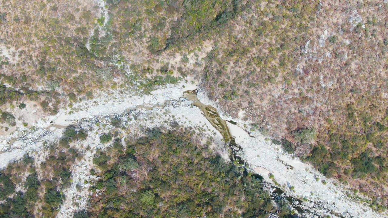 Overhead view in San Dionisio, Baja California Sur, with shallow water tracing a narrow channel beside mottled green and brown mountain vegetation and no visible people.