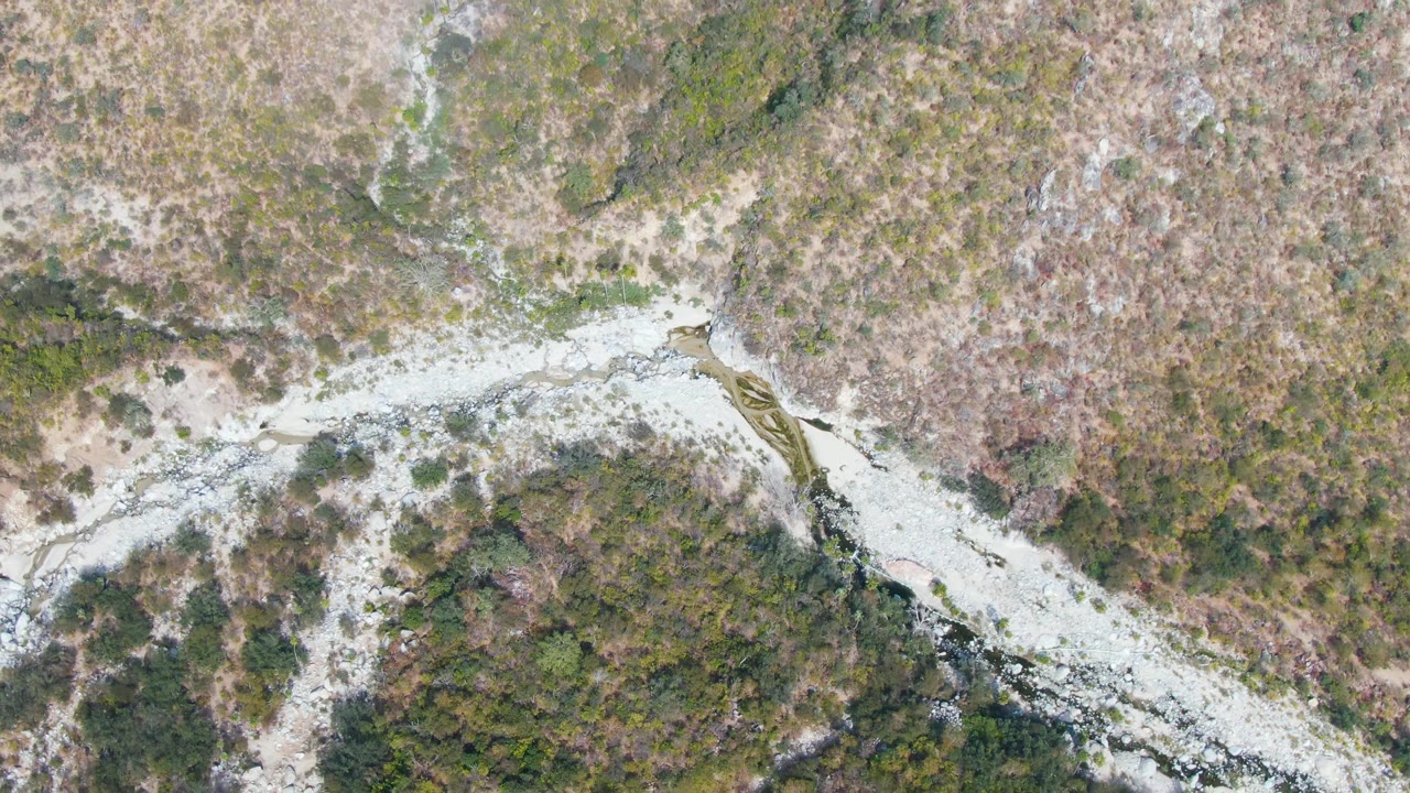 Rocky stream bed and scrubland seen from directly overhead
