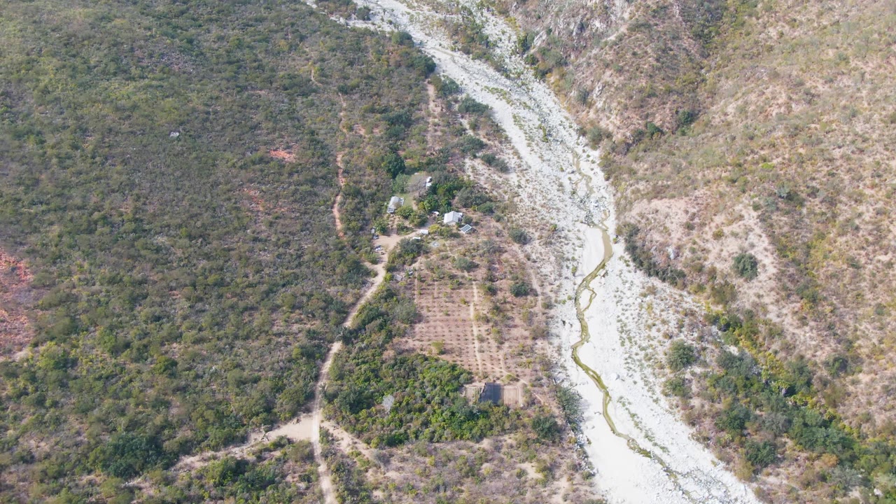 High drone view over San Dionisio valley, with a pale stony riverbed on the right, dark green vegetation on the left hillside, ordered farm plots near the center, and no visible people.