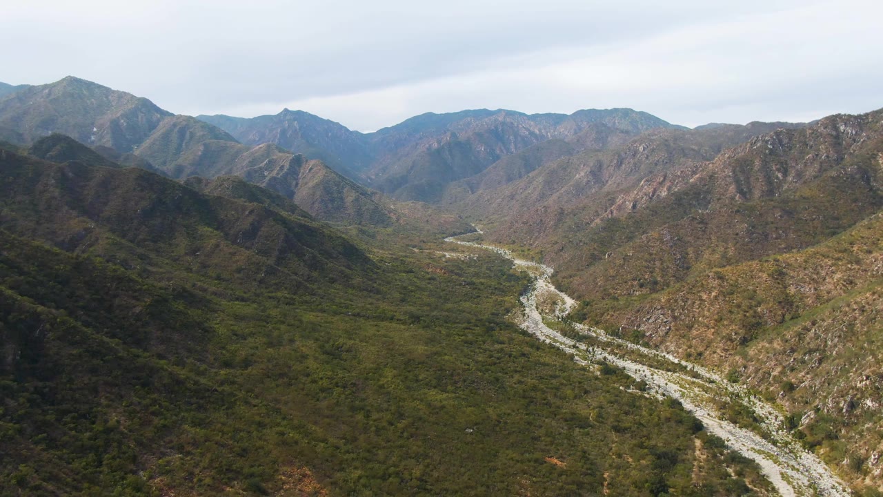 Wide aerial view in San Dionisio, Baja California Sur, where a pale braided river channel runs through dense green-brown valley vegetation toward rugged mountain ridges, no visible people.
