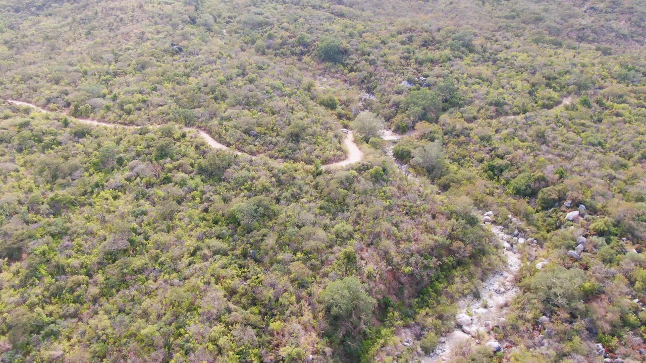 Aerial frame over San Dionisio, Baja California Sur showing a pale dirt road curving across scrubby hills and a rocky stream channel below, with no visible people.