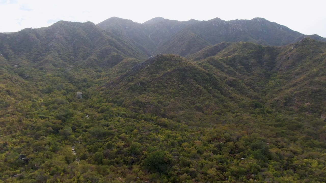 Wide aerial frame in San Dionisio, Baja California Sur with green valley vegetation, steep ridges, a faint stream corridor, bright cloud haze above, and no visible people.