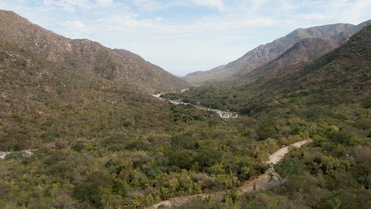 San Dionisio, Baja California Sur aerial view with arid mountain slopes framing a green valley, a light riverbed line on the left side, a curving dirt road on the right, and no visible people.