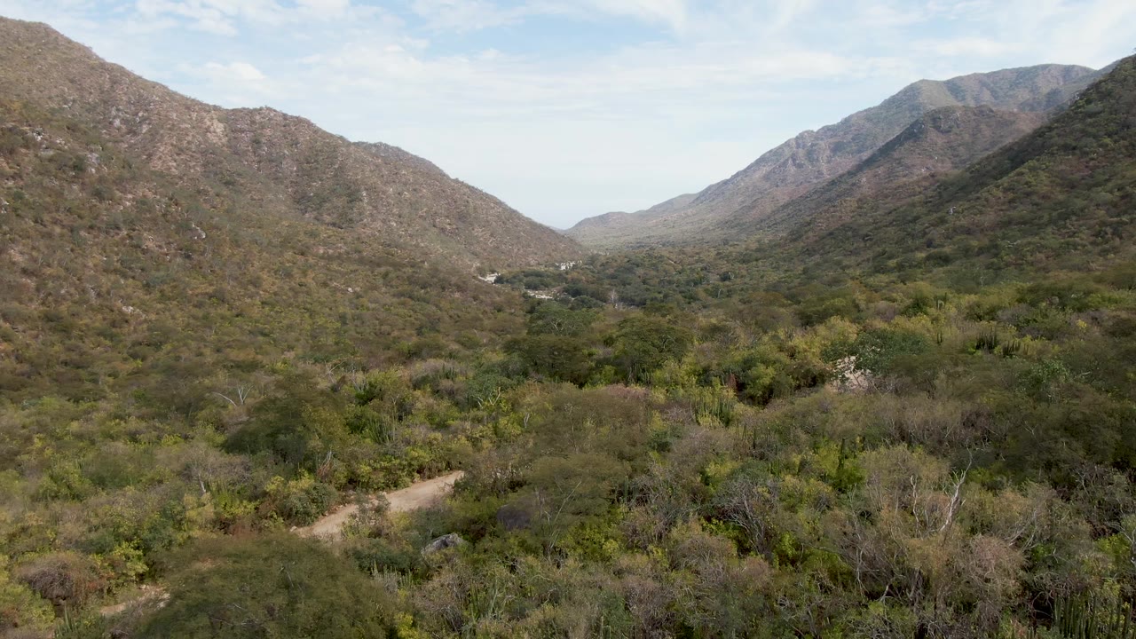 Wide aerial view of a green and brown mountain valley with a dirt path.