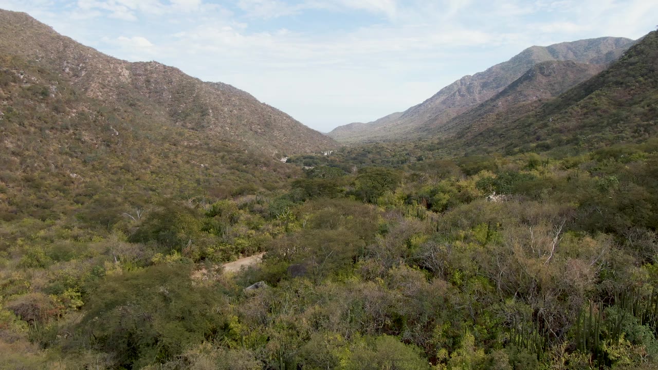Later frame over San Dionisio, Baja California Sur, with the dirt path visible near the lower left, layered shrubs across the valley floor, rocky hillsides, and no visible people.