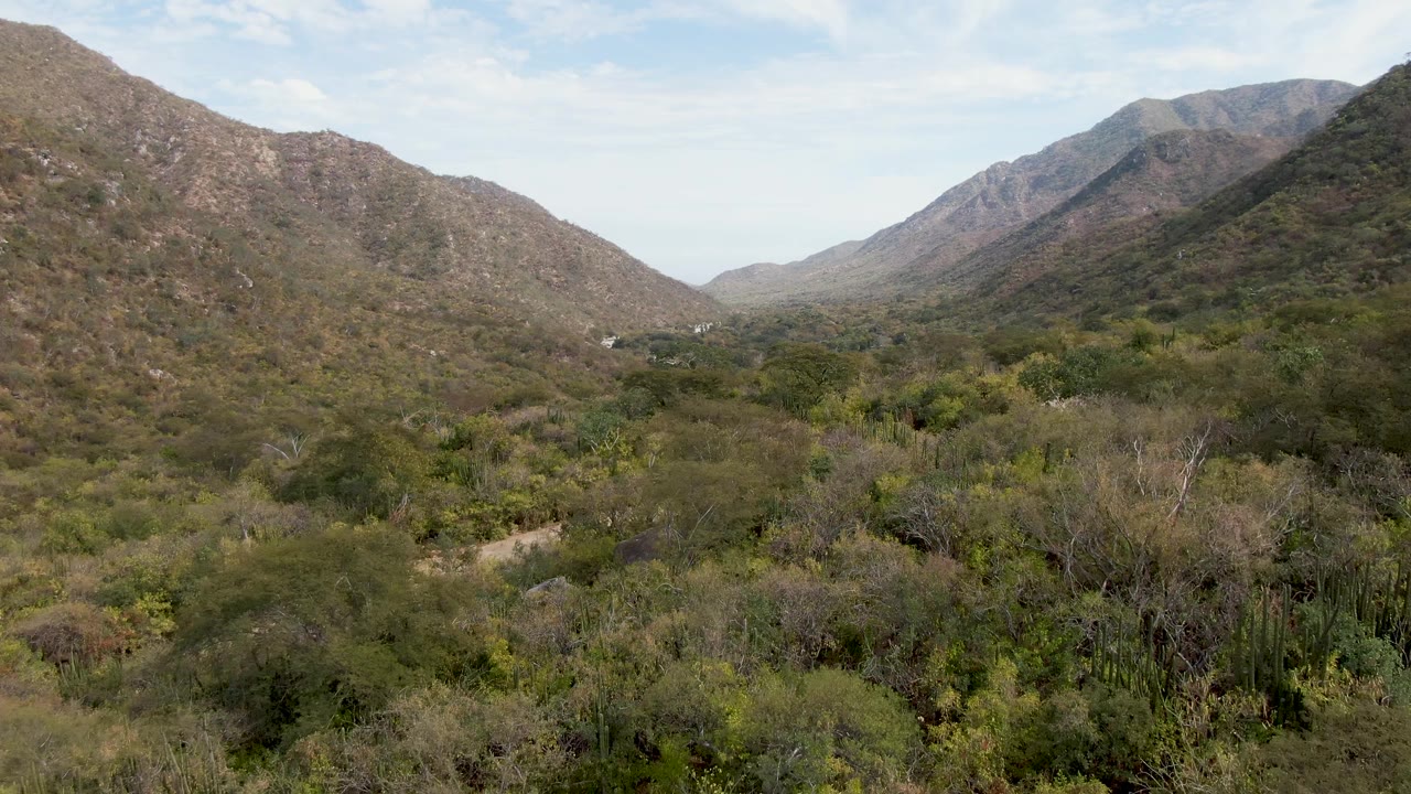 Final sampled frame looking down the San Dionisio mountain valley, with brush filling the foreground, rocky slopes on both sides, a distant valley opening, and no visible people.