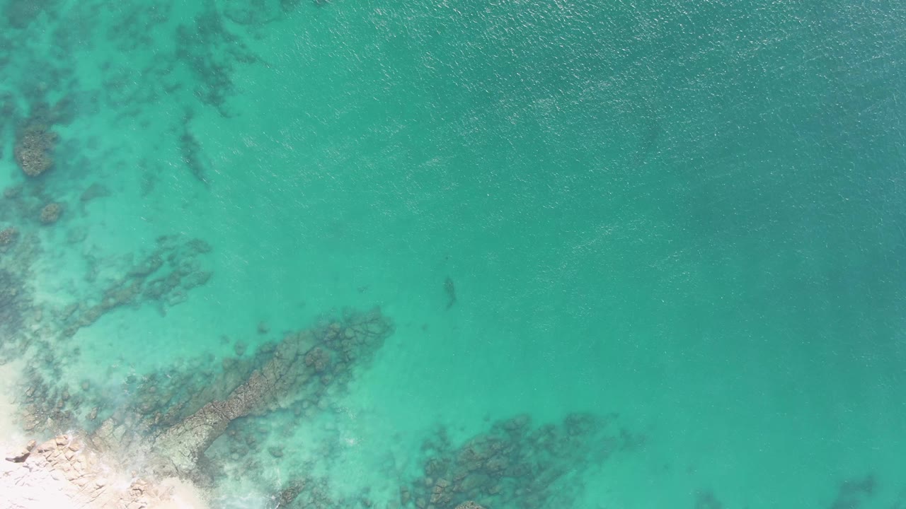 Opening overhead frame at Buzzards Beach, Baja California Sur, showing turquoise shallow water, dark underwater rocks, pale shoreline sand at lower left, and no recognizable people visible.