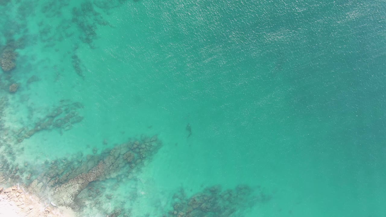 Third frame over Buzzards Beach with submerged rock bands near the left side, pale sand just inside the lower edge, and broad open turquoise water across the right side.