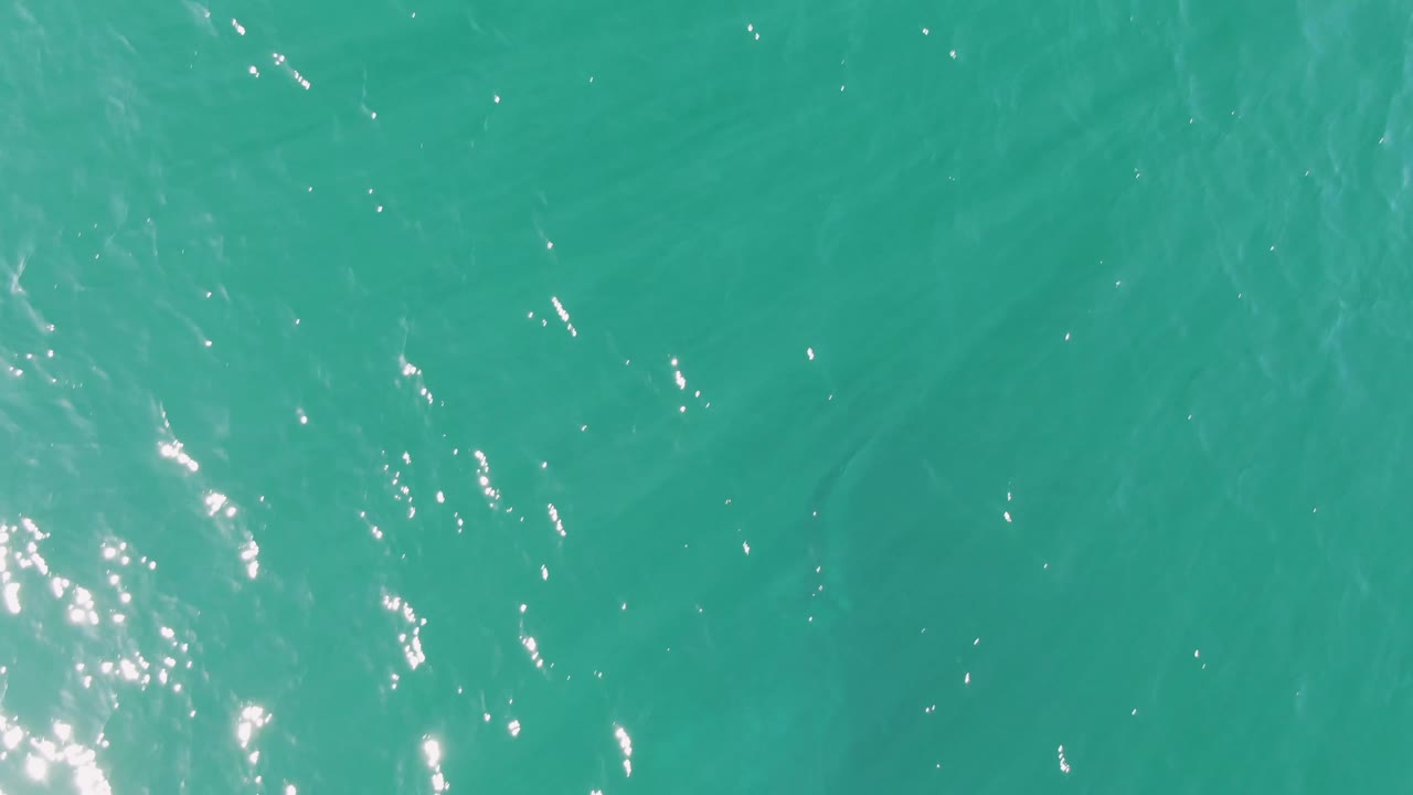 Top-down frame of Buzzards Beach water with turquoise surface ripples, stronger white sparkles along the left edge, and no visible people.