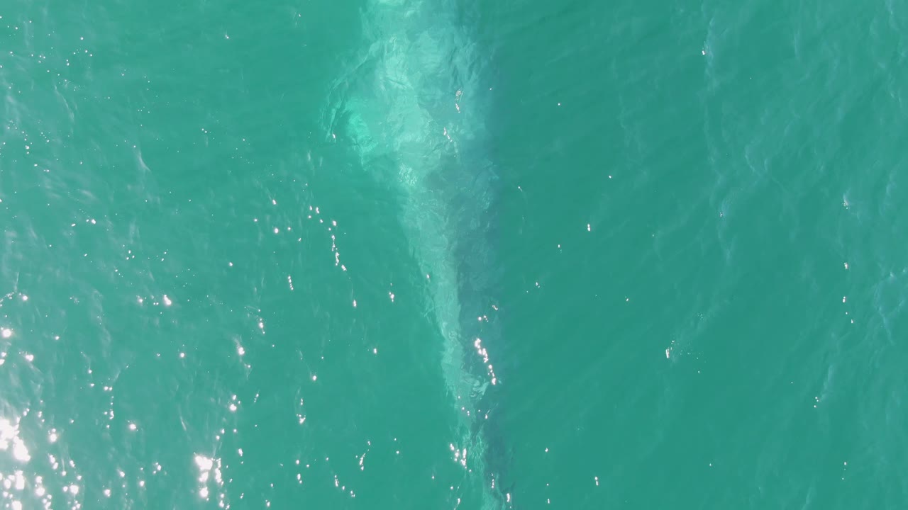Overhead frame from Buzzards Beach, Baja California Sur, Mexico showing the whale deeper and fainter beneath turquoise water, with bright surface glints and no visible people.