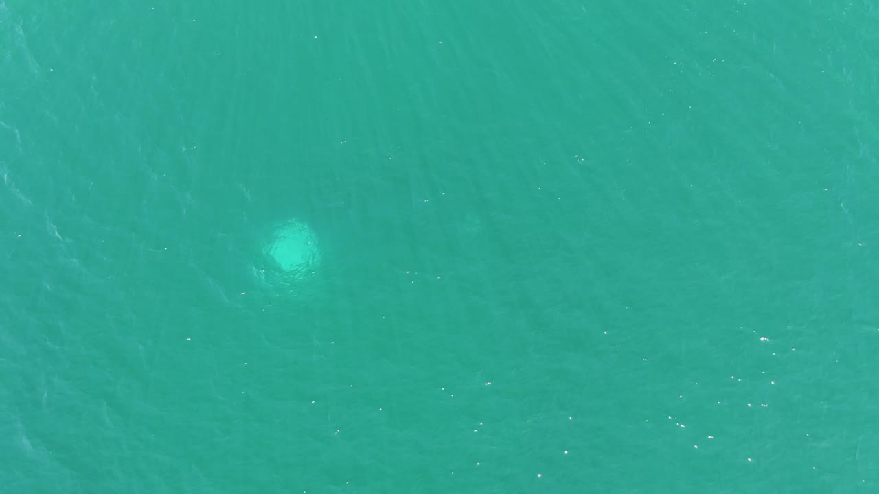 Open turquoise ocean water at Buzzards Beach with a single pale underwater light patch becoming more defined amid fine surface ripples and no visible people.