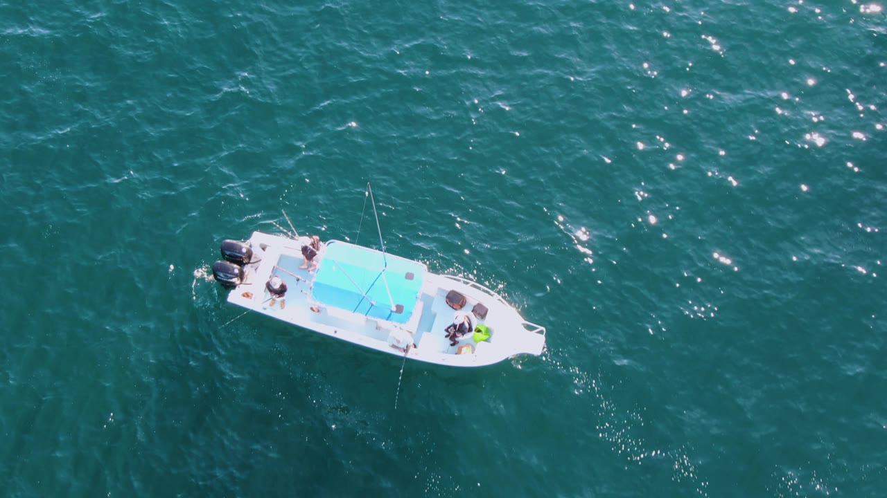 Aerial view of the small white motorboat with twin outboards, blue canopy, and visible people surrounded by sunlit turquoise water in Baja California Sur.