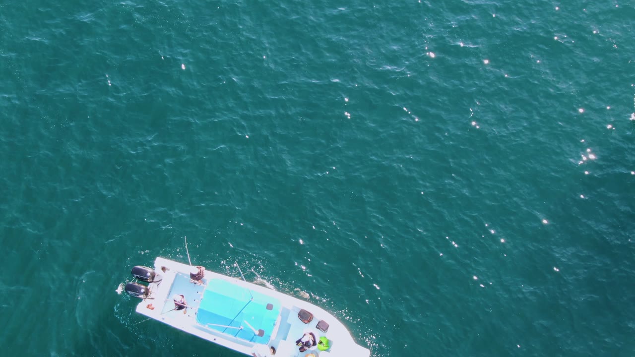 White boat with blue deck area surrounded by open ocean water.