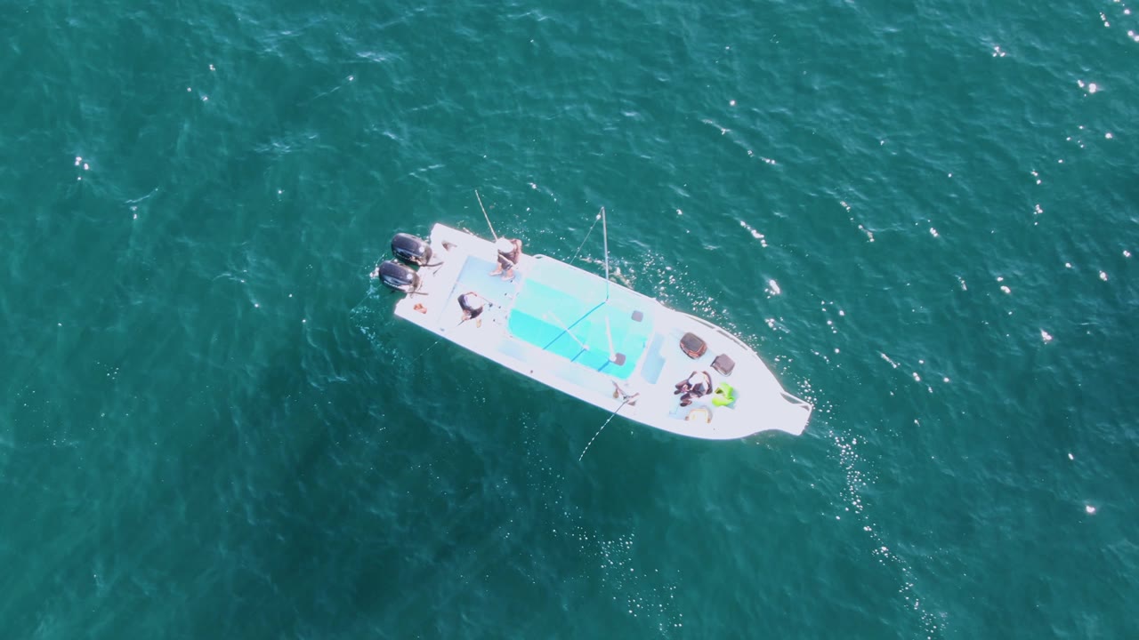 Overhead view of a white motorboat on turquoise water at Buzzards Beach, Baja California Sur, with passengers visible near the bow and stern.