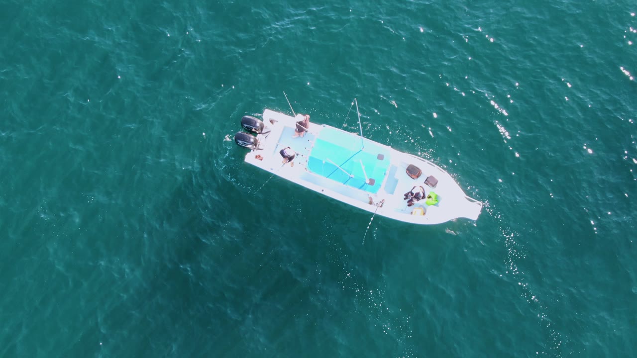 The boat appears near the upper right of the aerial frame at Buzzards Beach, with bright deck panels, passengers, and faint wake marks in clear teal ocean.