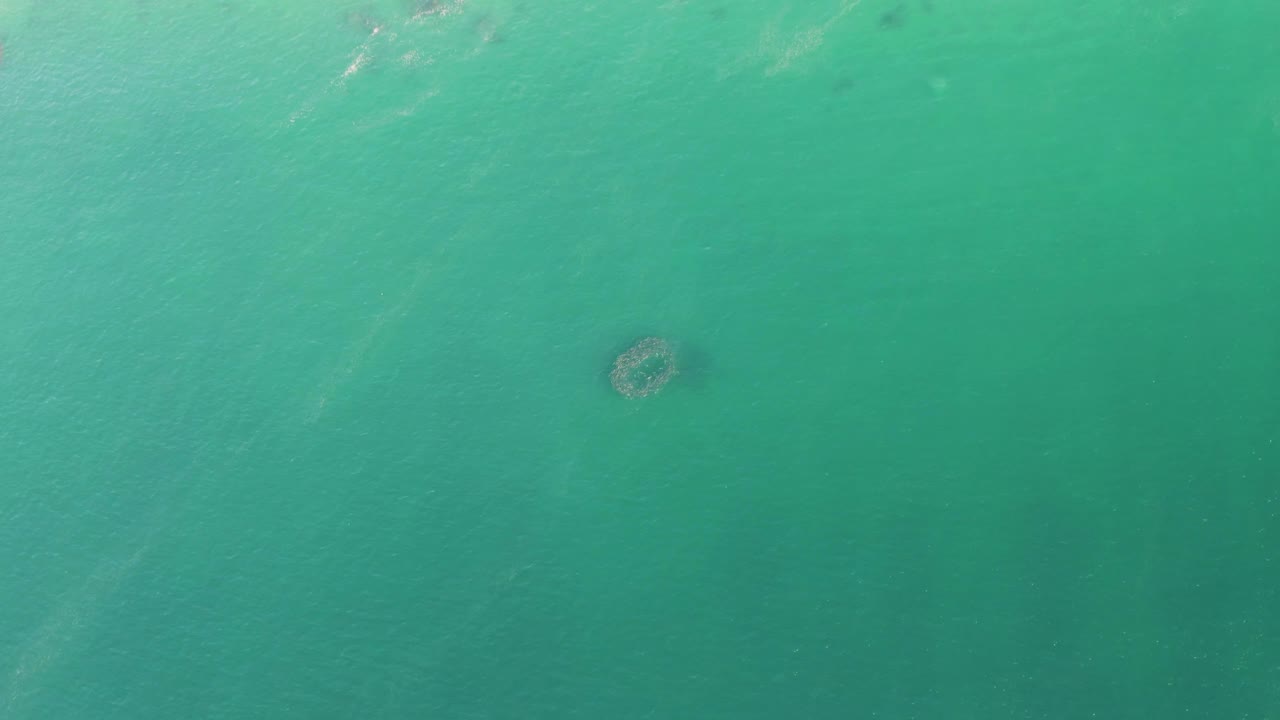 Overhead view at Buzzards Beach with a small circular formation under turquoise water and brighter ripple streaks near the top edge, with no visible people.