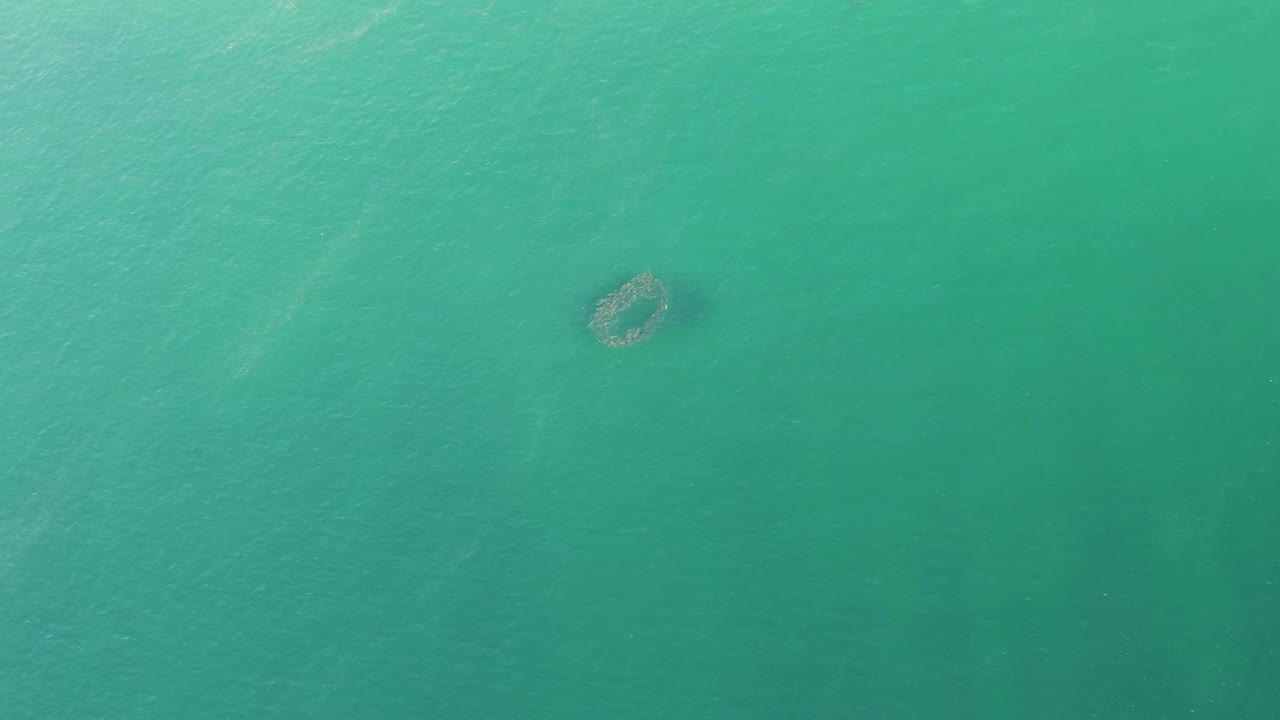 Aerial overhead frame from Buzzards Beach showing turquoise water and a small submerged structure left of center, with subtle ripple lines and no visible people.