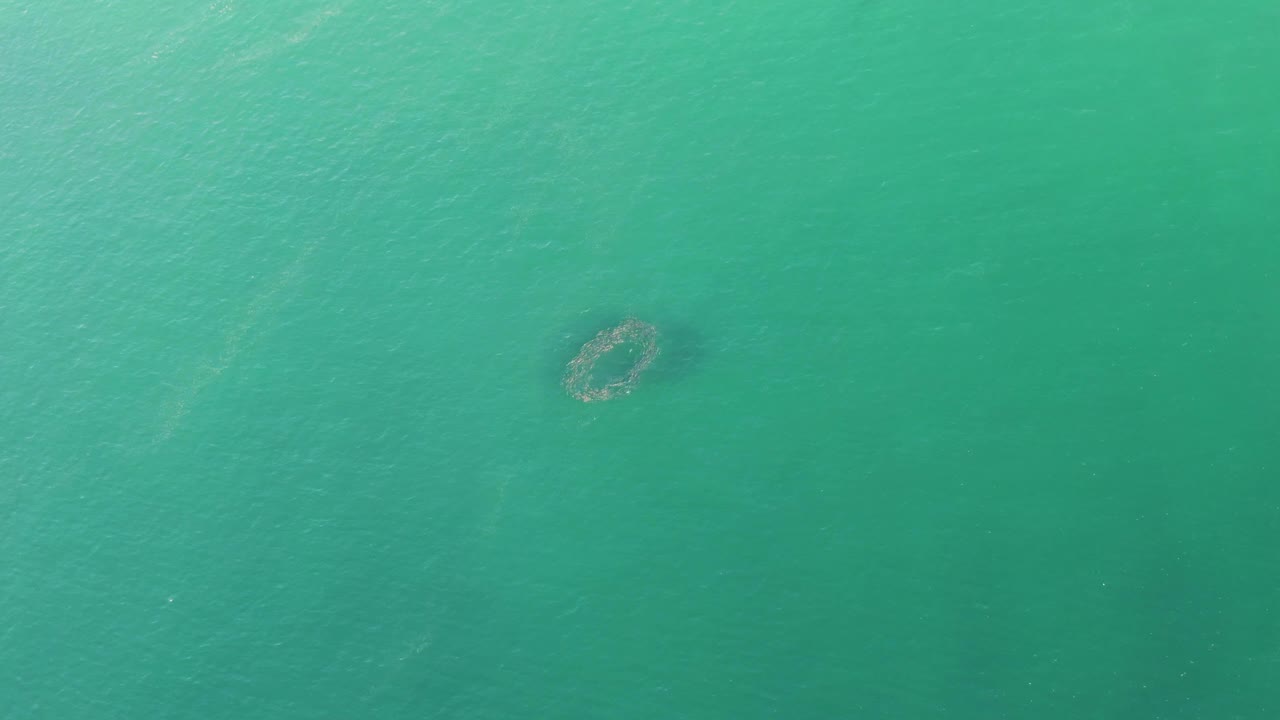 Turquoise ocean water with a small circular underwater structure near the upper left.