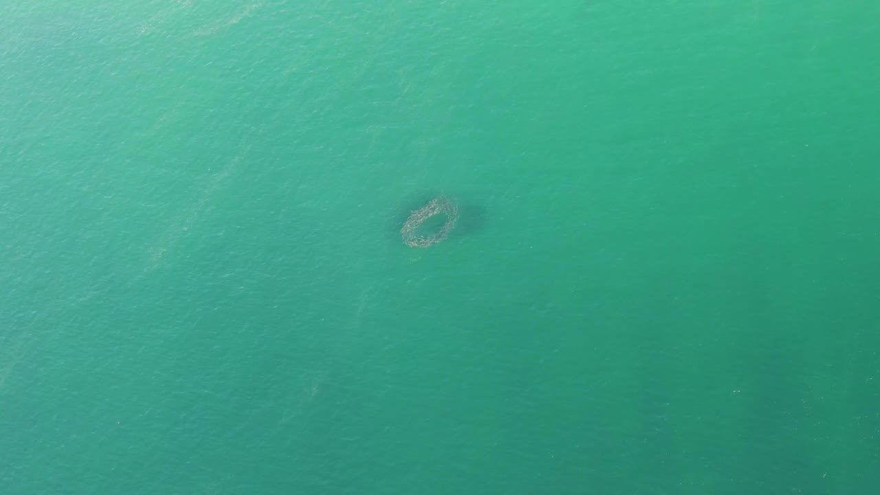 Turquoise ocean water with a small circular structure near the upper left area.