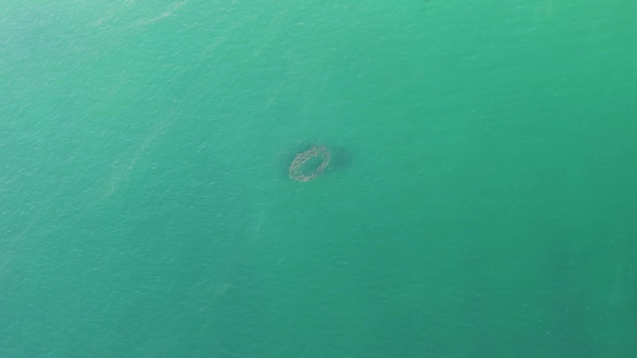 Aerial frame over Buzzards Beach water showing the circular structure against calm green-blue ocean, with faint ripples and no visible people.