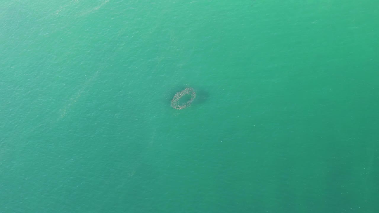 Overhead Buzzards Beach ocean view with the circular structure near the upper middle of the frame, surrounded by smooth turquoise water and no visible people.