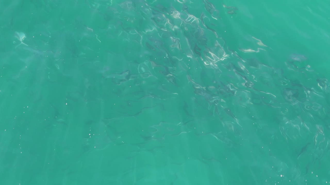 Turquoise water with faint small fish beneath surface ripples.