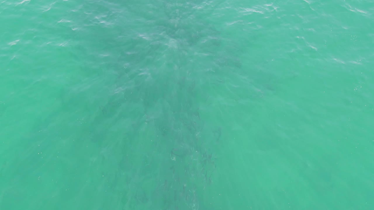 Blue-green ocean water at Buzzards Beach shows slightly darker submerged patches under a lightly rippled surface with no visible people.