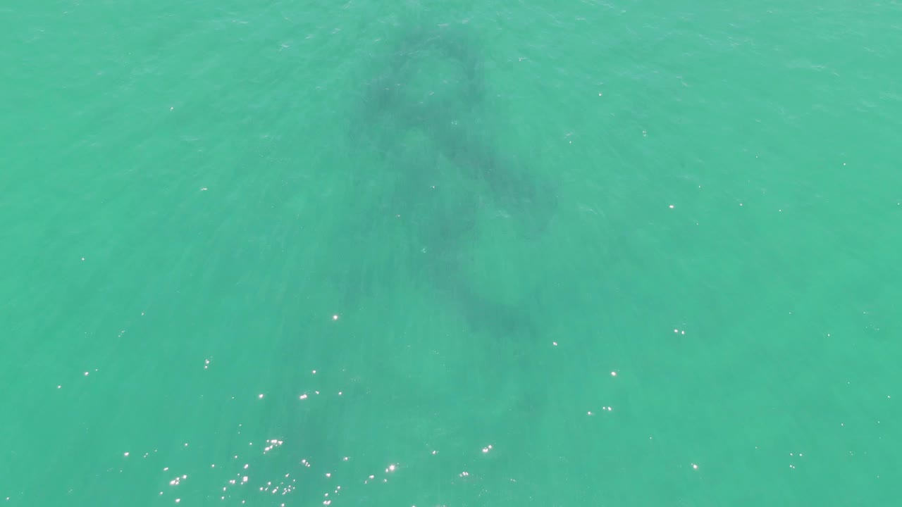 Anchor shadow below turquoise water with small sun reflections.