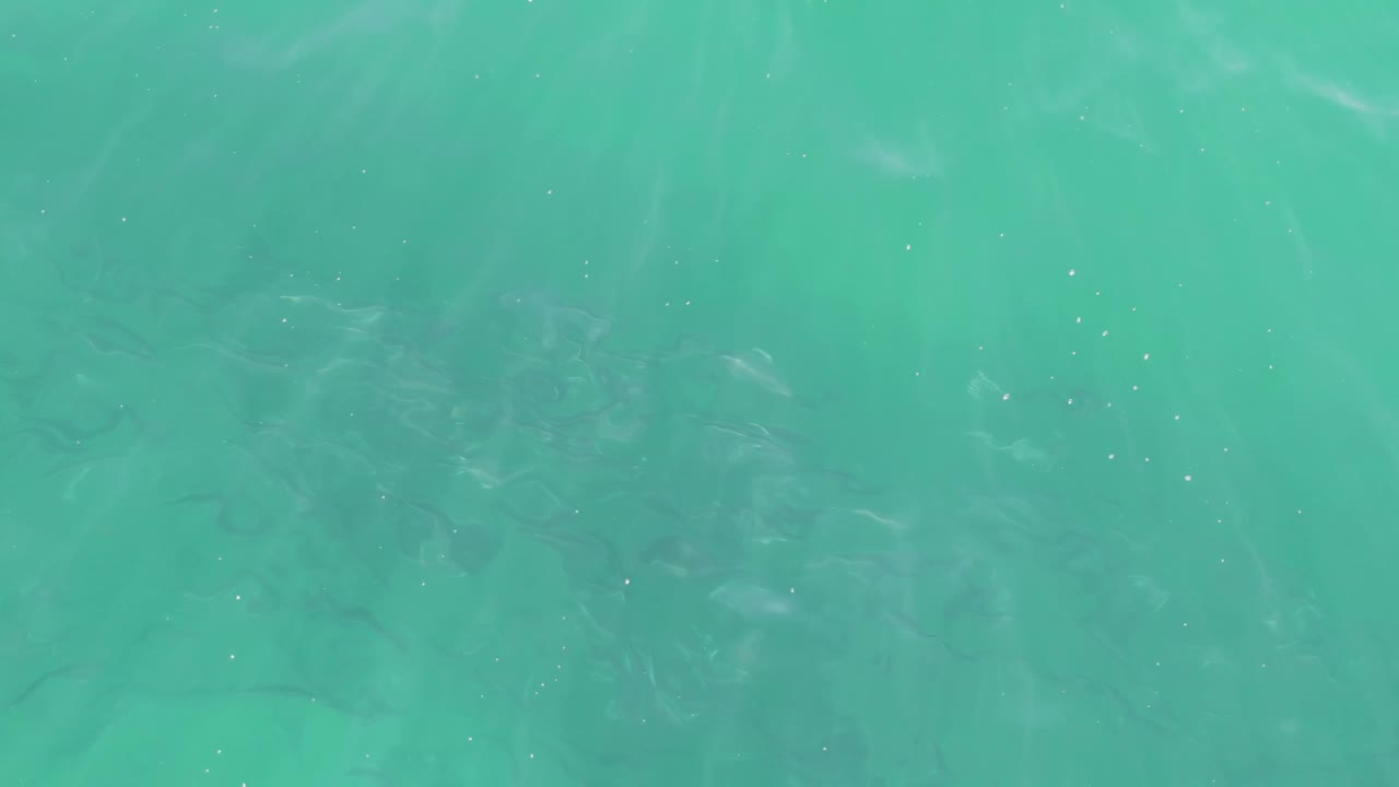 Clear turquoise water at Buzzards Beach with faint surface shimmer, scattered tiny particles, and no visible people.