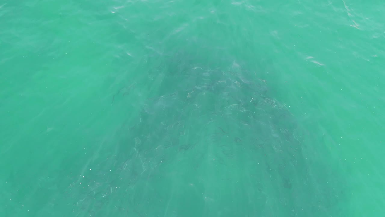 Overhead view of turquoise water at Buzzards Beach, Baja California Sur, with faint submerged rock patches under rippled surface light and no visible people.